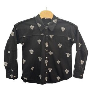 Porter Collective Black Floral Embroidered Raw Edge Snap Button Shirt Large